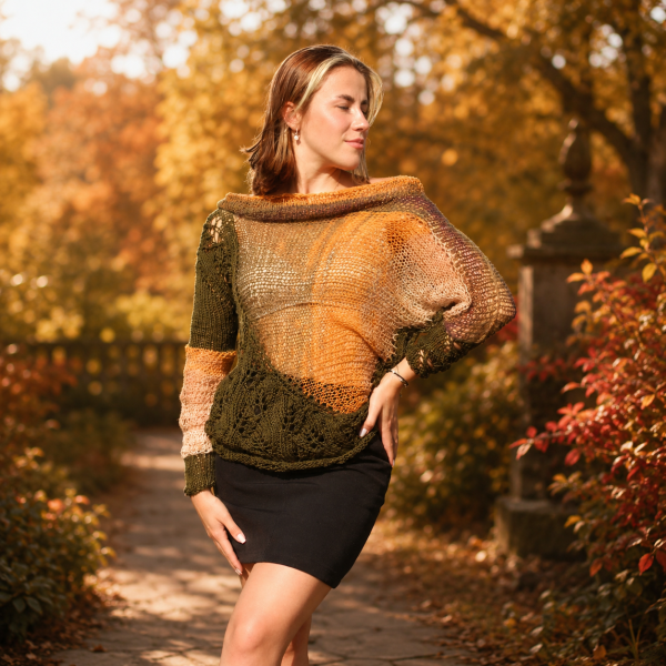 Amber Caprice styled with a black mini skirt against a dramatic dark background.