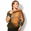 Amber Caprice asymmetric sweater with sheer panels and an olive knitted contour.