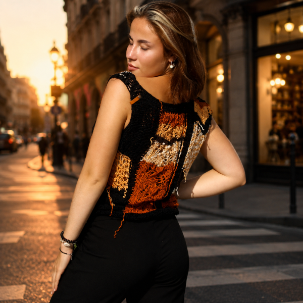 Handmade summer top with loose threads at sunset