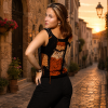 Back-to-front knit top in warm sunset light