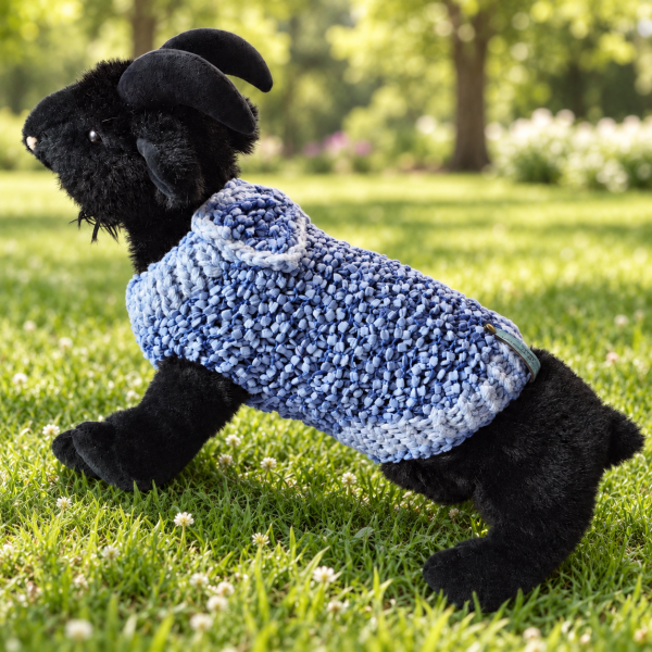 Chic Bow Bliss color (14) Never Standard label on a chunky blue hand-knit pet sweater